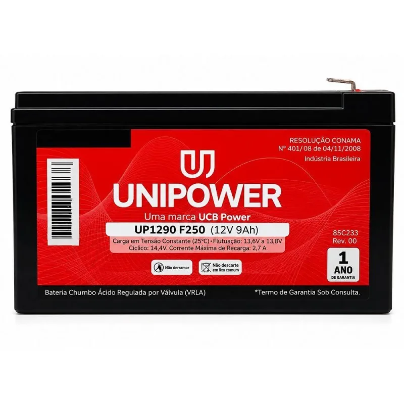 Bateria Selada UP1290 F250 12V 9Ah Faston F250 Livre de Manutenção Unipower - Unipower - Agro