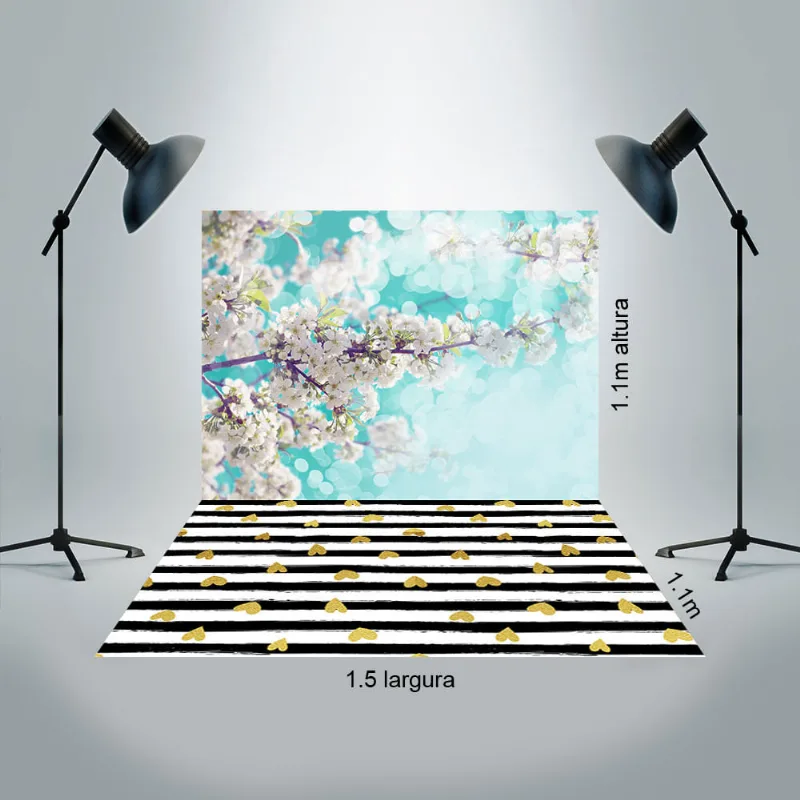 Painel Fundo Fotográfico Tecido 1,5x2,2m Galho Ipê branco e chão listras pretas P650
