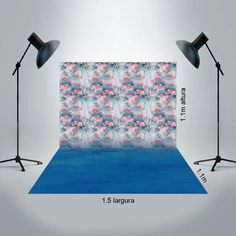 Painel Fundo Fotográfico Tecido 1,5x2,2m Flores rosa com fundo e chão Azul P652