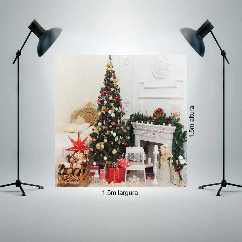 Painel Fundo Fotográfico Tecido 1,5x1,5m Decoração Natalina com lareira e arvore de Natal P835