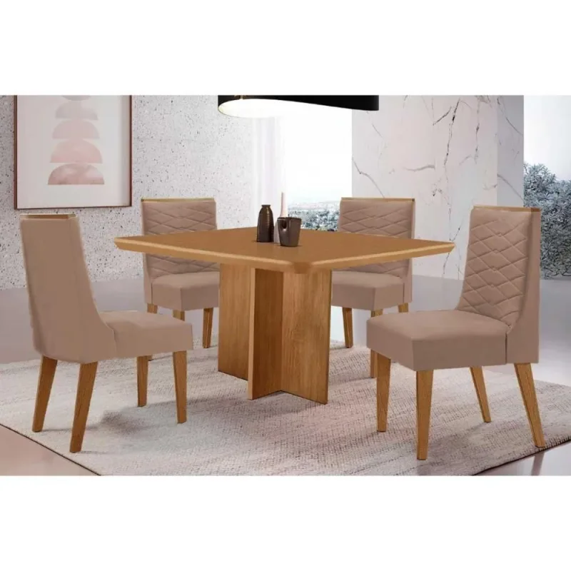 Conjunto de Mesa de Jantar Berlim Curvo 4 Lugares Tampo MDF Cadeiras Suede Capuccino 90CM Móveis - Móveis Rufato - Agro