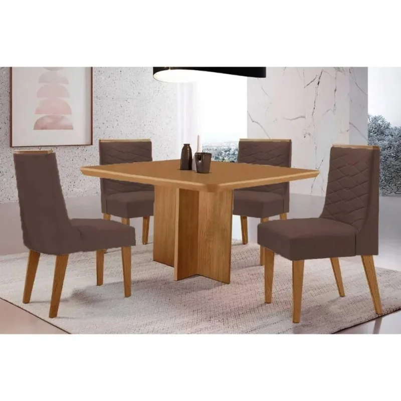 Sala de Jantar Berlim 4 Lugares Tampo MDF com Cadeiras Estofadas Suede Marrom 90CM Móveis Rufato - Móveis Rufato - Móveis