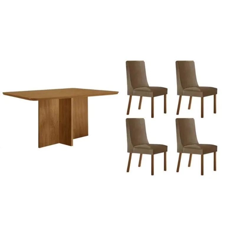 Sala de Jantar Berlim Curvo 4 Lugares Tampo MDF com Cadeiras Estofadas Capuccino 120CM Móveis Rufato - Móveis Rufato