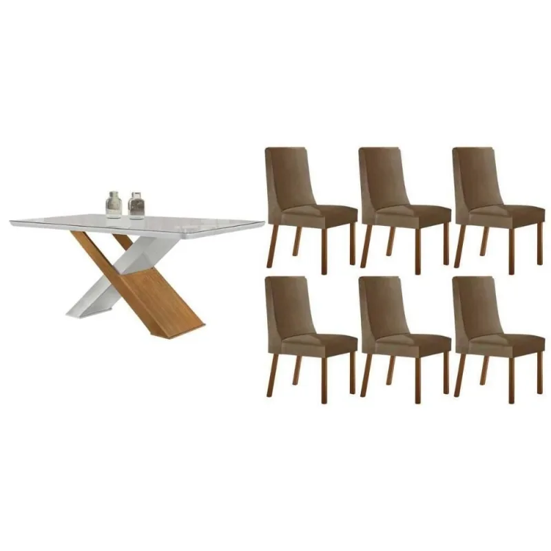 Sala de Jantar Imperatriz Curvo 6 Lugares Tampo MDF Cadeiras Estofadas Suede Capuccino 180CM Móveis - Móveis Rufato - Móveis