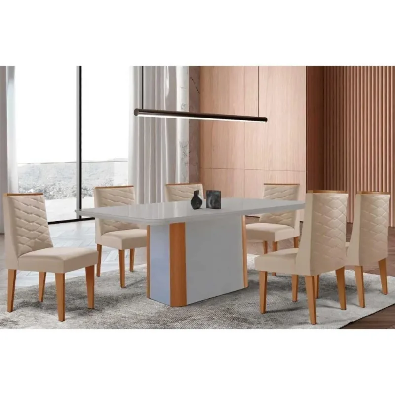 Sala de Jantar Pietá 6 Lugares Tampo MDF com Design Arredondado Off White 180CM Móveis Rufato - Móveis Rufato - Móveis