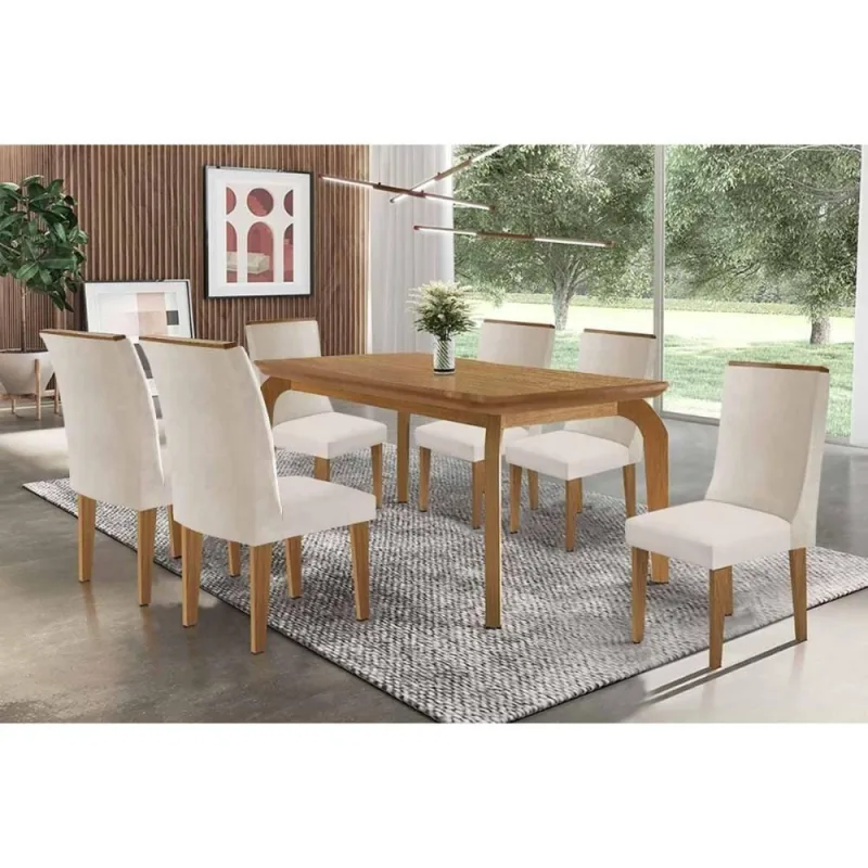 Sala de Jantar Londrina 6 Lugares Tampo MDF Bordas Arredondadas Suede Creme 180x90cm Móveis Rufato - Móveis Rufato - Móveis