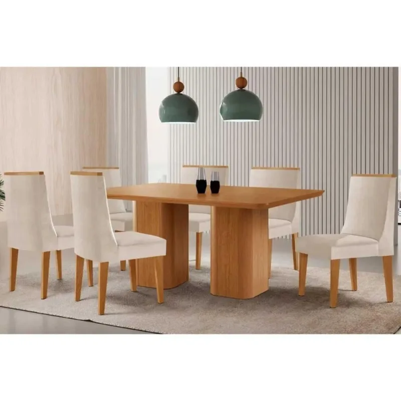 Sala de Jantar Maldivas 6 Lugares Tampo MDF Canto Curvo Amadeirado 180X90CM Móveis Rufato - Móveis Rufato - Móveis
