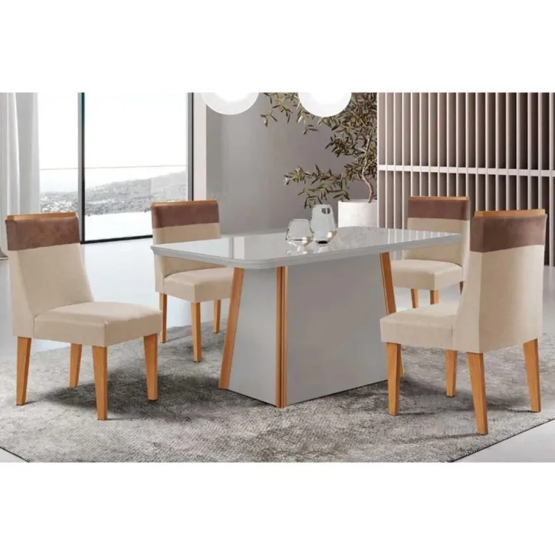 Sala de Jantar Tilia Curvo 4 Lugares Tampo MDF Bordas Arredondadas Off White 120CM Móveis Rufato - Móveis Rufato - Móveis