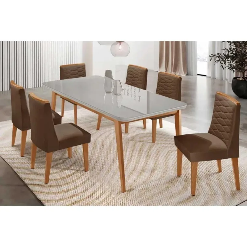 Sala de Jantar Havana Curvo 6 Lugares Tampo MDF Cadeiras Estofadas Suede Off White 180CM Móveis - Móveis Rufato - Móveis