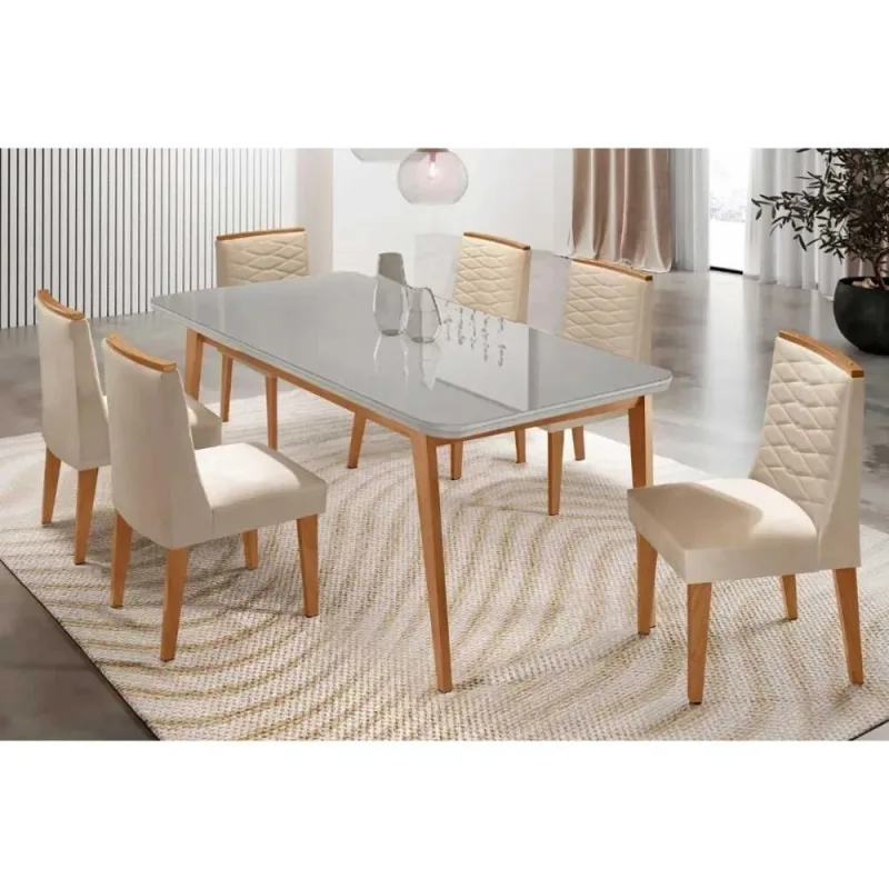 Sala de Jantar Mesa Havana Curvo 6 Lugares Tampo MDF com Cadeiras Suede Off White 180CM Móveis - Móveis Rufato - Móveis