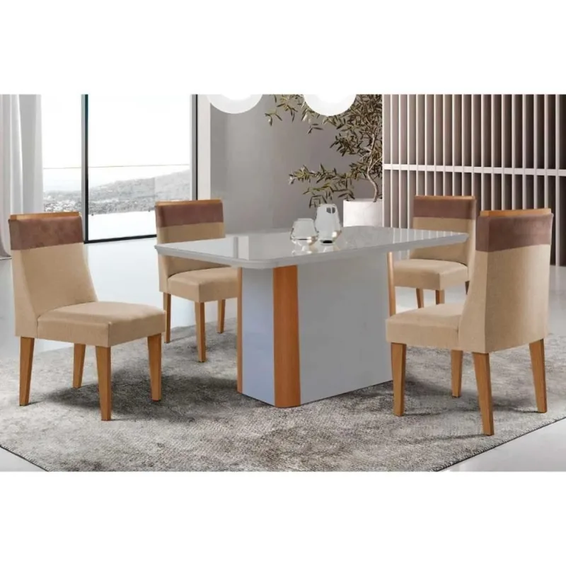 Sala de Jantar Pietá Curvo 4 Lugares Tampo MDF Off White e Naturale 120CM Móveis Rufato - Móveis Rufato - Móveis