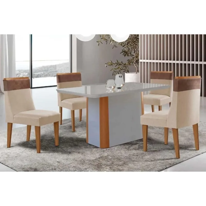 Sala de Jantar Pietá 4 Lugares Tampo MDF Off White e Naturale 120CM Móveis Rufato - Móveis Rufato - Móveis