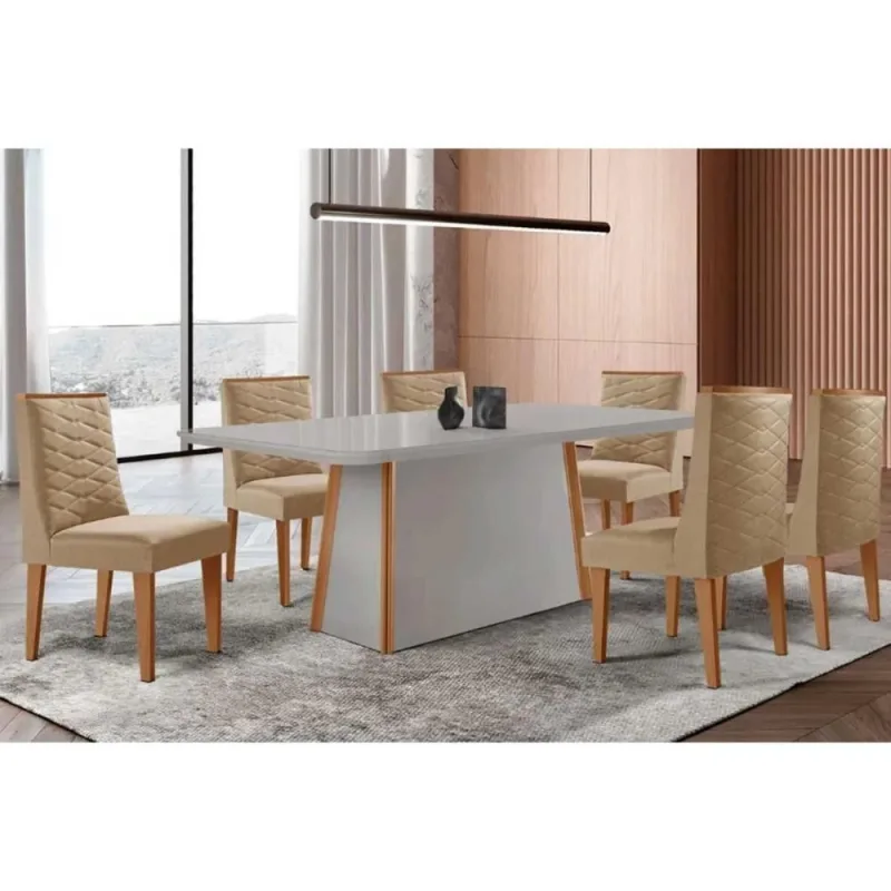 Sala de Jantar Tilia Curvo 6 Lugares Tampo MDF com Cadeiras Estofadas Linho Bege 180CM Móveis Rufato - Móveis Rufato - Móveis