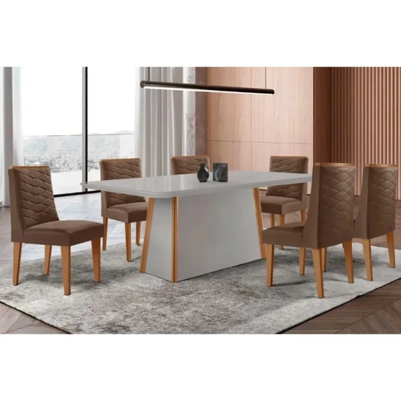 Sala de Jantar Tilia Curvo 6 Lugares Tampo em MDF com Cadeiras Suede Marrom 180CM Móveis Rufato - Móveis Rufato - Móveis