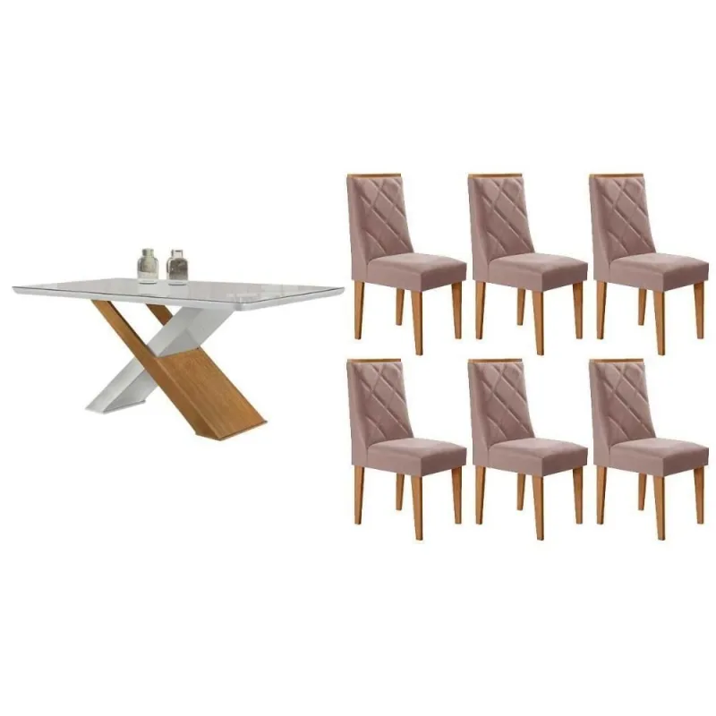 Sala de Jantar Imperatriz Curvo 6 Lugares Tampo MDF Cadeiras Estofadas Linho Capuccino 180CM Móveis - Móveis Rufato - Móveis