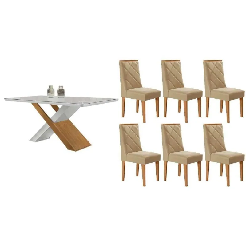 Sala de Jantar Imperatriz Curvo 6 Lugares Tampo MDF com Cadeiras Estofadas Linho Bege 180CM Móveis - Móveis Rufato - Móveis