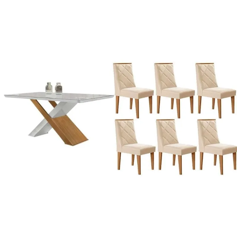 Sala de Jantar Imperatriz Curvo 6 Lugares Tampo MDF Cadeiras Suede Creme 180CM Móveis Rufato - Móveis Rufato - Móveis