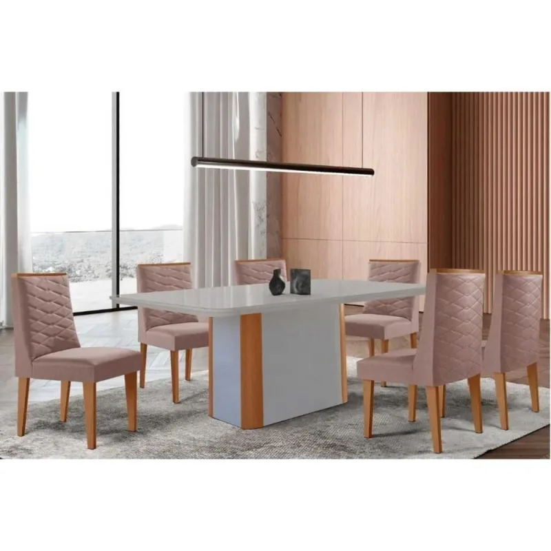 Sala de Jantar Pietá Curvo 6 Lugares Tampo MDF com Cadeiras Estofadas Off White 180CM Móveis Rufato - Móveis Rufato - Móveis