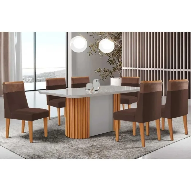 Sala de Jantar Pilar Curvo 6 Lugares Tampo MDF Cadeiras Suede Marrom 180CM Móveis Rufato - Móveis Rufato - Móveis