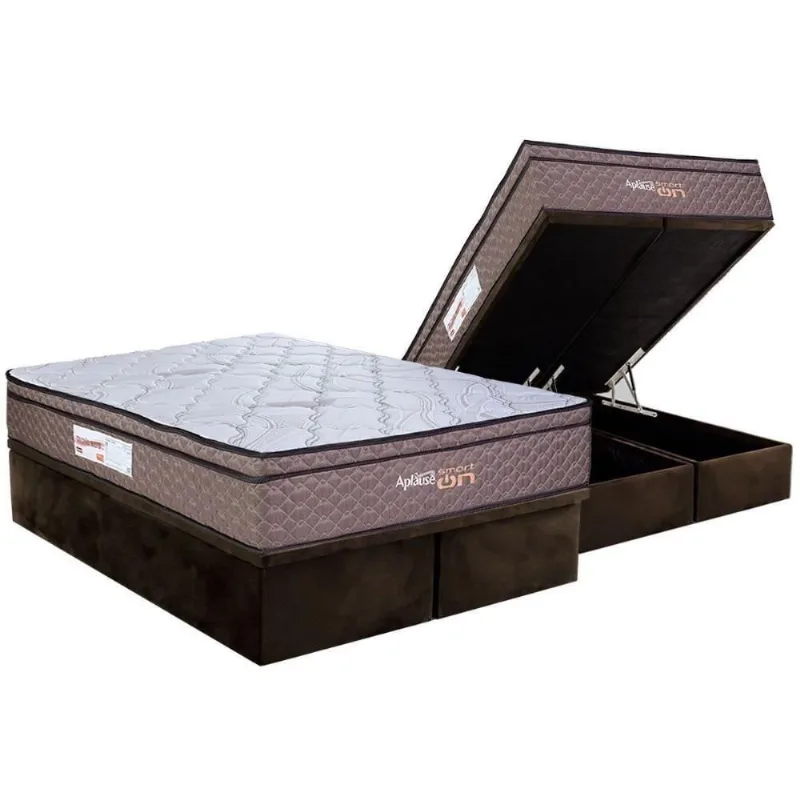 Cama Box Baú Queen: Colchão C/ Vibro Massagem Paropas Vibro Aplause Smart Brown + Base Crc Suede Brown (158x198)
