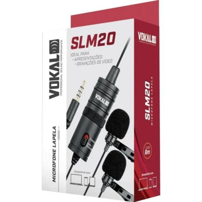 Microfone de Lapela Duplo SLM20 com Captação de Som Nítida e Clara Preto Vokal - VOKAL