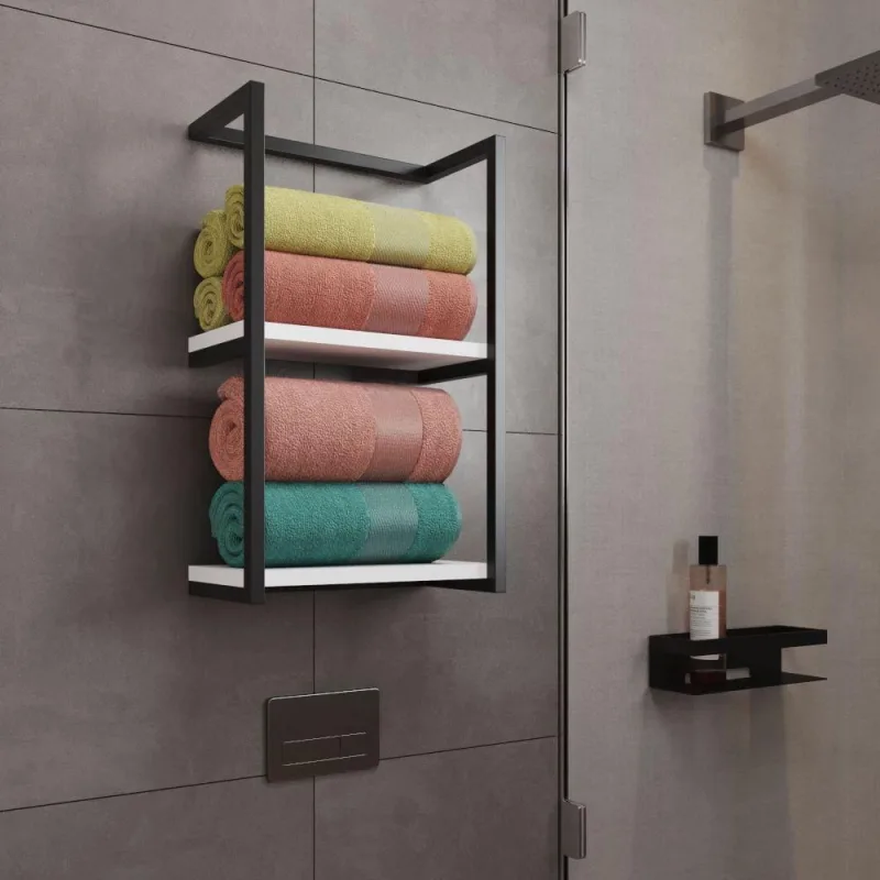 Toalheiro Para Banheiro Estilo E Prateleira Branca Preto - OUTRAS - Casa E Construção