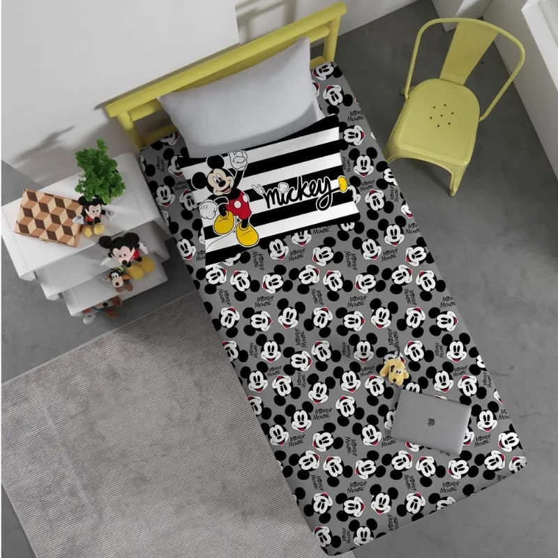Jg De Cama 2 Pçs Infantil Portallar Mickey P&b Malha Cinza