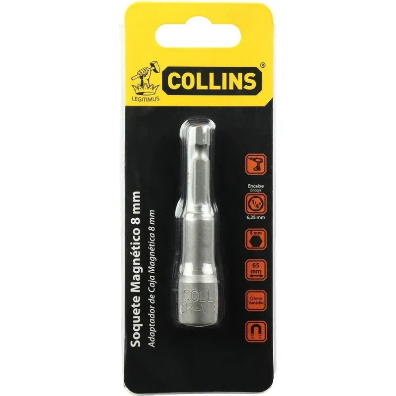 Soquete Magnético Collins 1/4" X 8mm 65mm Em Aço Cromo Vanádio
