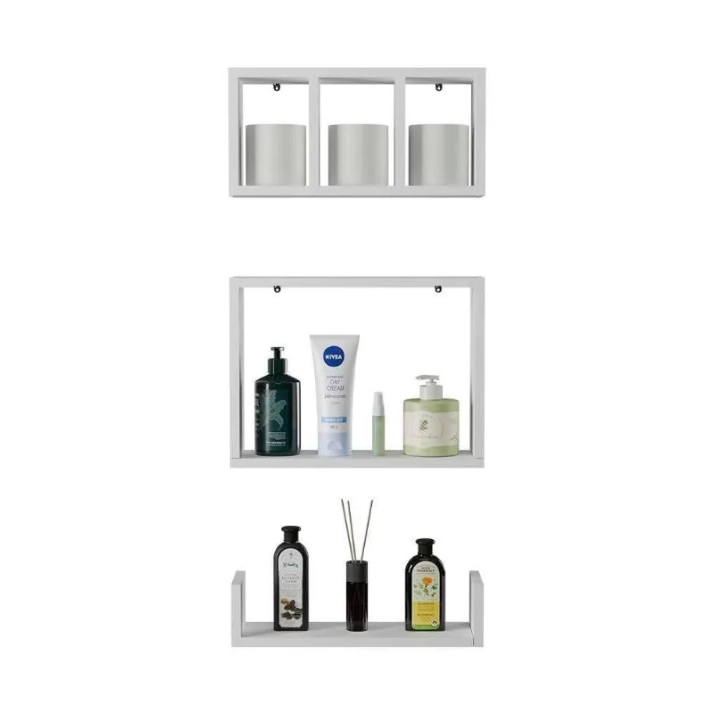 Conjunto Kit 3 Nichos Prateleiras MDP Fixação Parafuso Organizador Banheiro Branco Pontto Lavabo