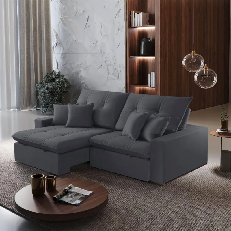 Sofá B010 4 Lugares Retrátil e Reclinável 290cm Veludo Cinza Meu Sofá Online - OUTRAS - Móveis