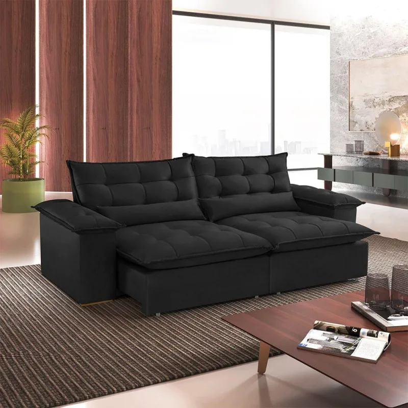 Sofá Alice B260 Retrátil e Reclinável 250cm Veludo Preto Meu Sofá Online - OUTRAS - Móveis