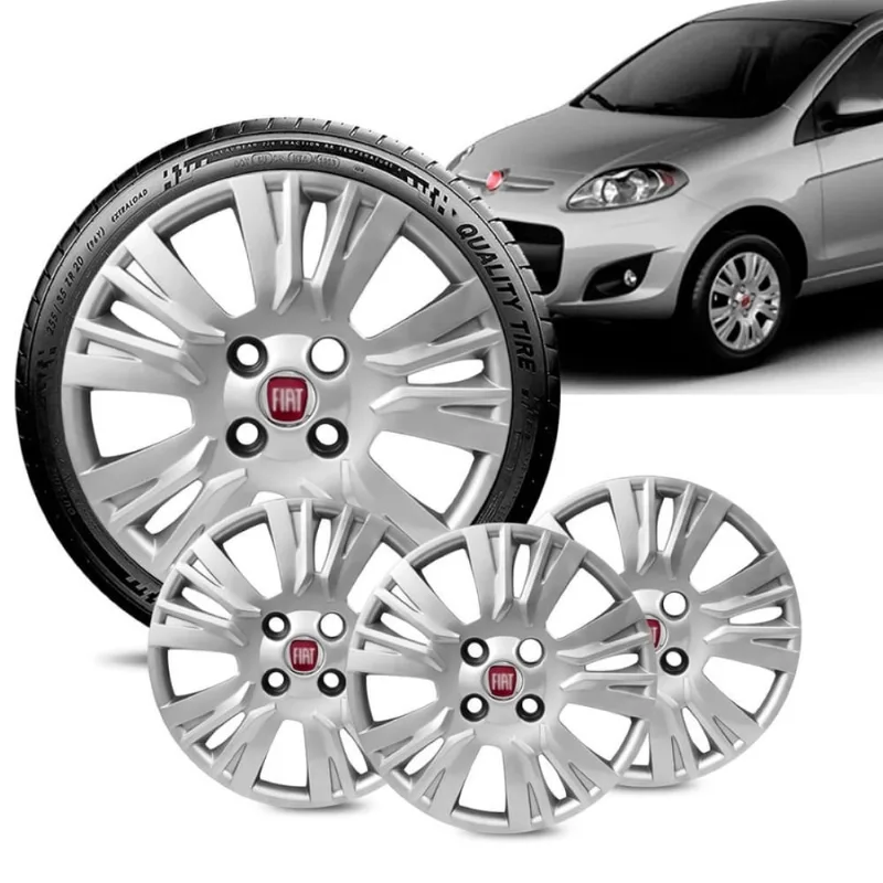 Jogo 4 Calota Fiat Palio Essence aro 13 2014 a 16 Prata logo