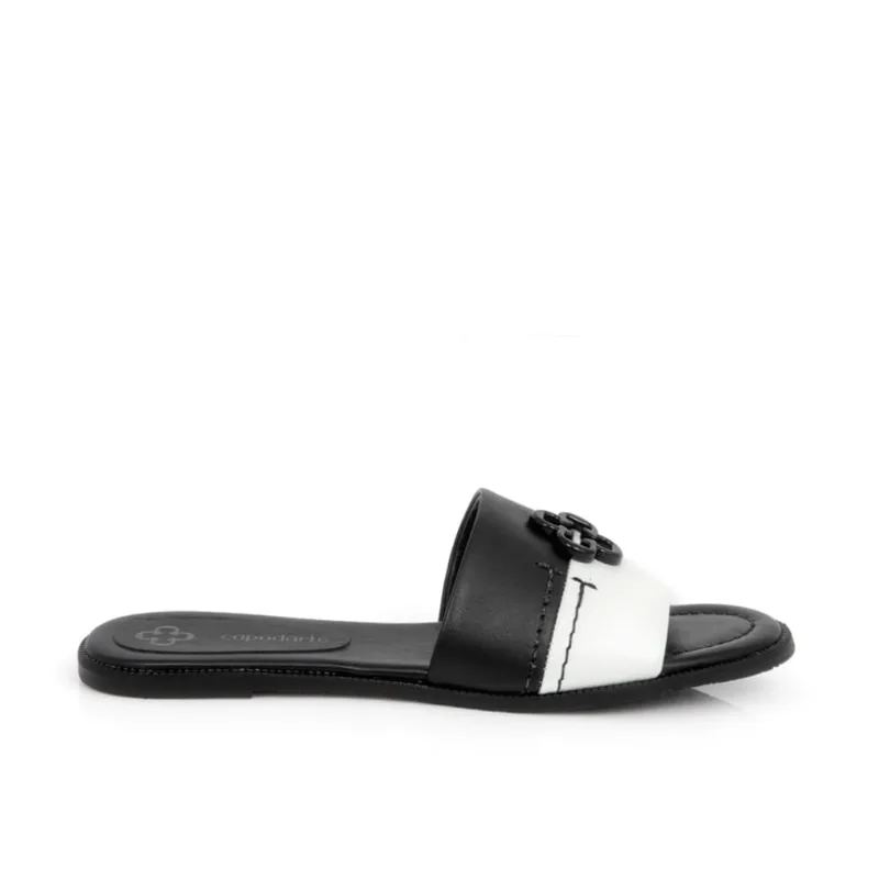 Chinelo Rasteiro de Couro Preto e Branco 36