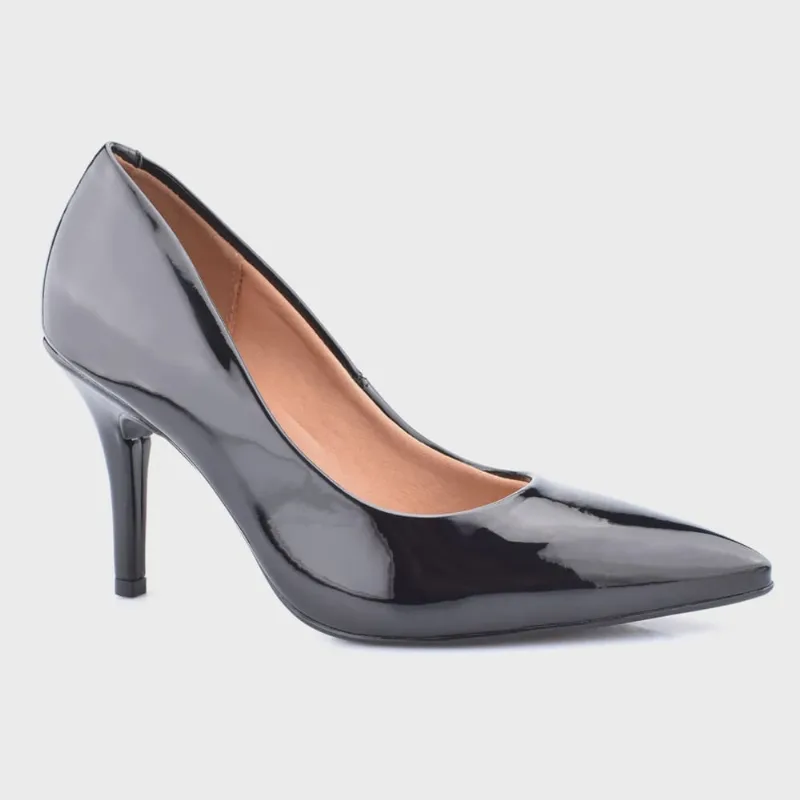 Scarpin Fechado Salto Alto Bico Fino Ultra Confortável Godiva Verniz Preto