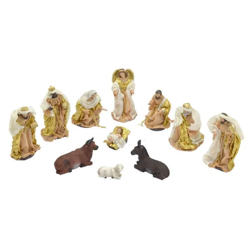 Presépio Natalino Jesus 11 Peças 20Cm Roupa Tecido Dourado