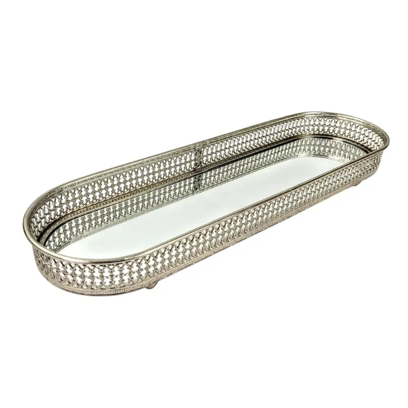 Bandeja Decorativa Prata Oval Metal 39cm Espelho Luxo