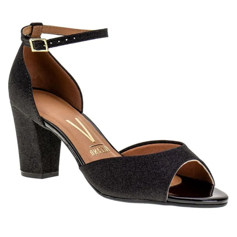 Sandalia Feminina Vizzano Salto Grosso Medio Glitter - Preto