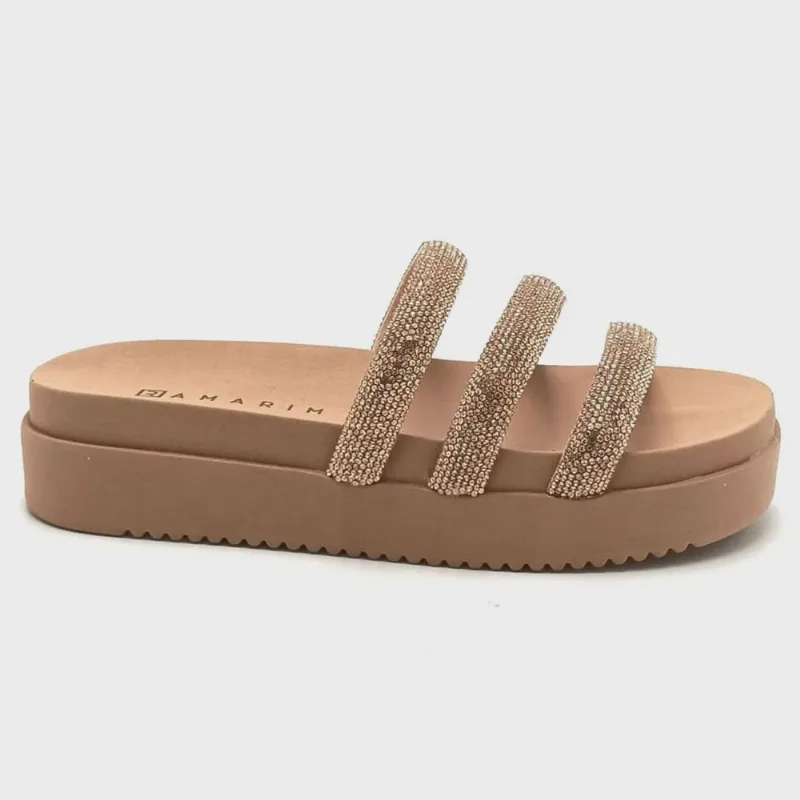Papete Ramarim Plataforma Três Tiras Strass Feminina Nude