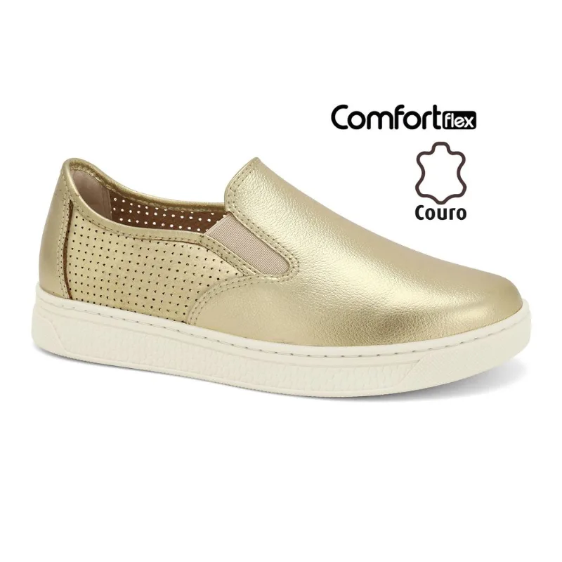 Slip On Couro Dourado ComfortFlex 2565301-1 33