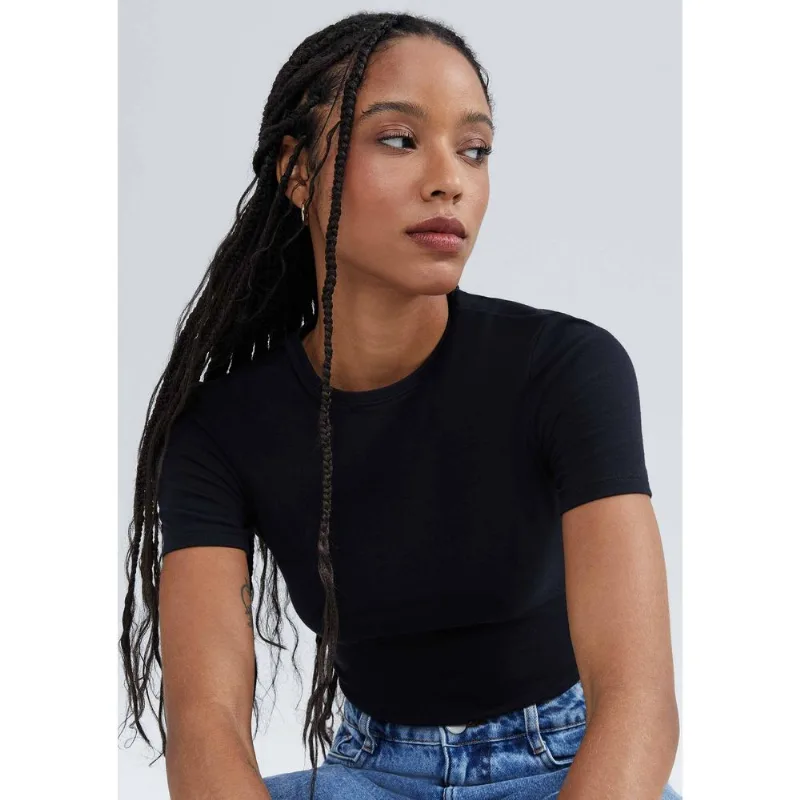 Blusa Feminina Cropped Manga Curta Com Elastano - Preto XG