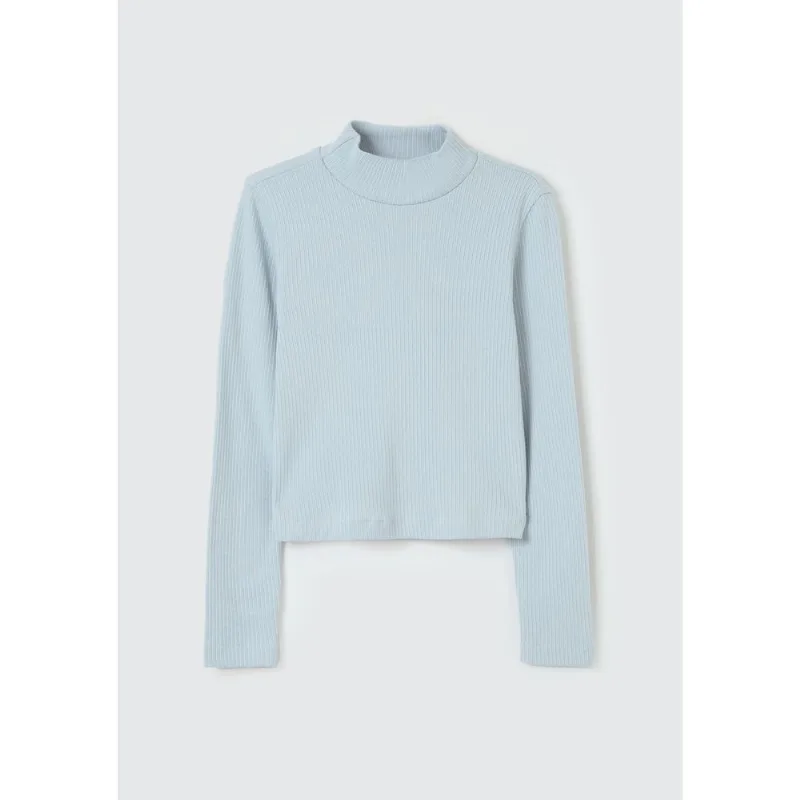 Blusa Básica Cropped Infantil Menina Manga Longa Em Ribana Canelada - Azul 010