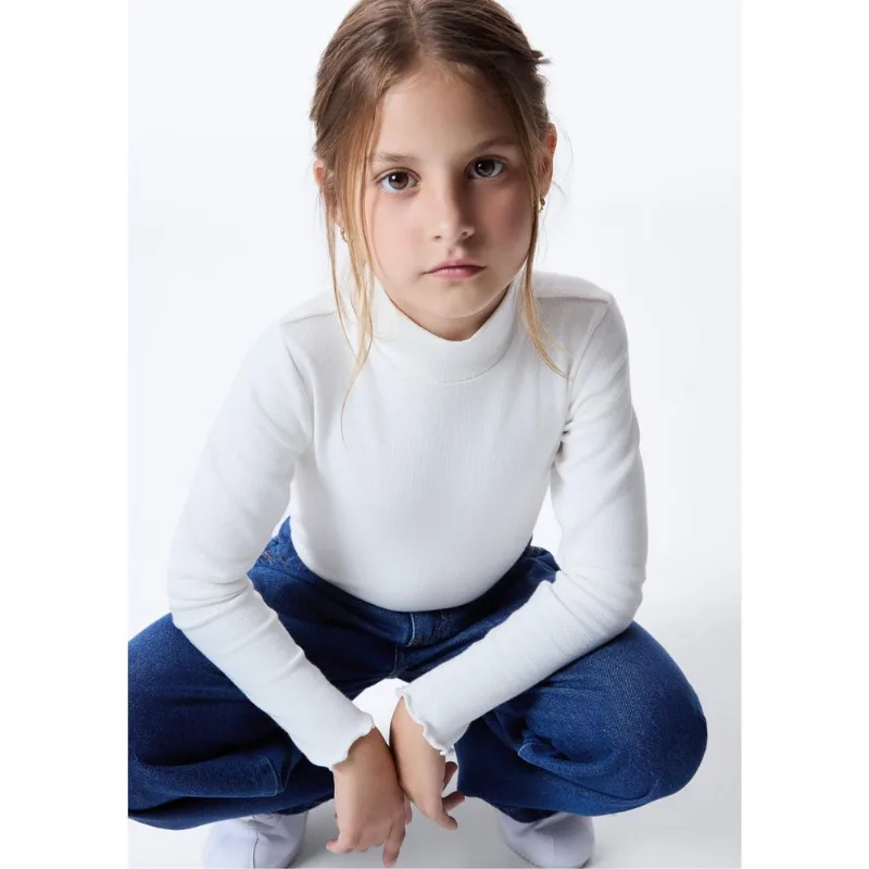 Blusa Básica Infantil Menina Manga Longa Com Gola Alta - Off white 010