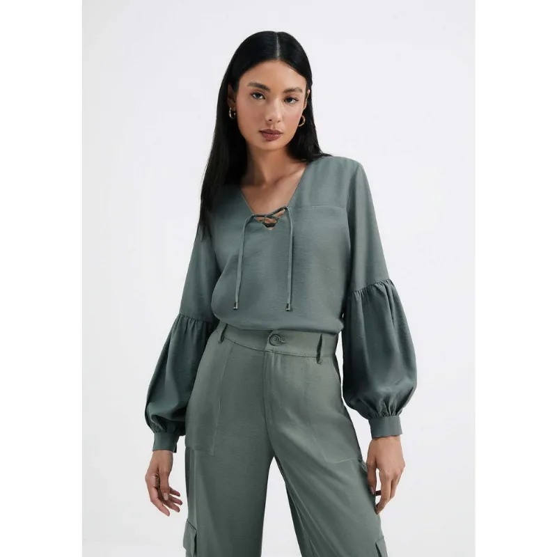 Blusa Feminina Oversized Manga Longa Decote V - Verde XG