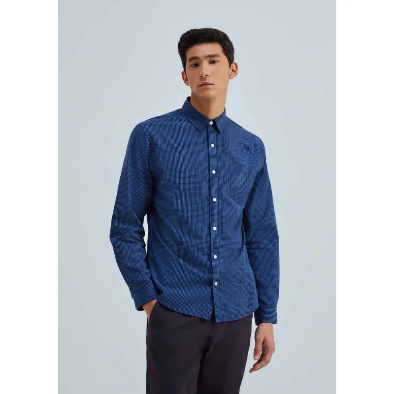 Camisa Básica Masculina Manga Longa Fio Tinto - Azul M