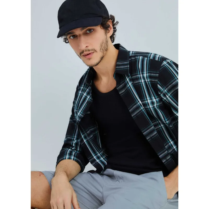 Camisa Masculina Manga Longa Xadrez - Azul XG