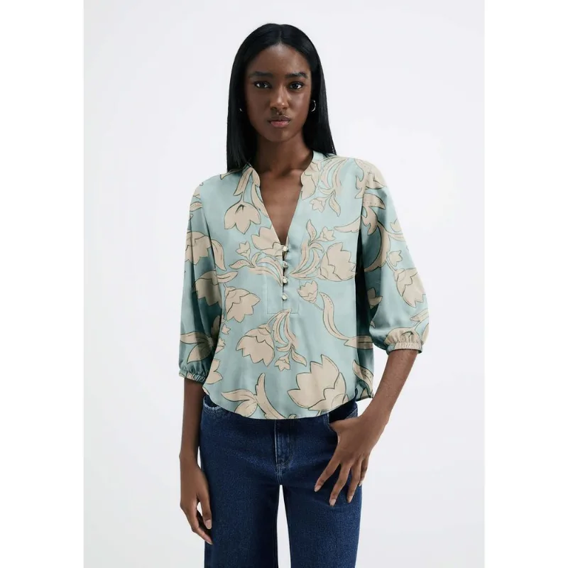 Blusa Feminina Estampada Decote V Manga Bufante - Verde M