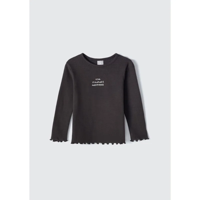 Blusa Infantil Menina Toddler Em Ribana Com Fru fru - Cinza 002