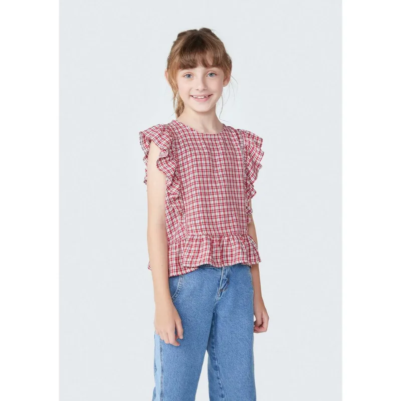 Blusa Manga Curta Infantil Menina Em Xadrez - Vermelho 014
