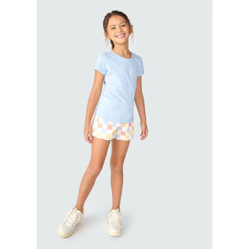 Blusa Básica Infantil Menina Manga Curta Slim Com Bordado Coração - Azul 012