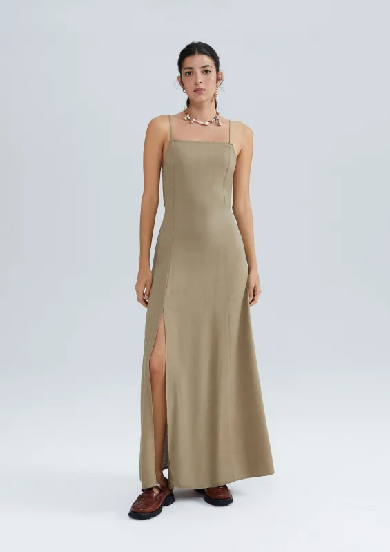 Vestido Longo Evasê Com Fenda Eco - Caqui - Hering Adulto